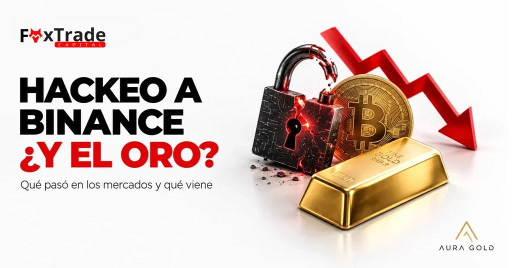 Hackeo a Binance y el oro: candado roto, bitcoin, gráfico en caída y lingote de oro – FoxTrade Capital y Aura Gold
