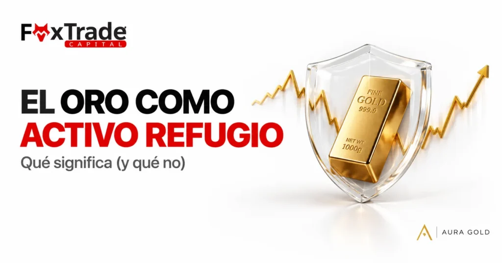 El oro como activo refugio: lingote de oro protegido por un escudo con un gráfico que sube y cae – FoxTrade Capital y Aura Gold